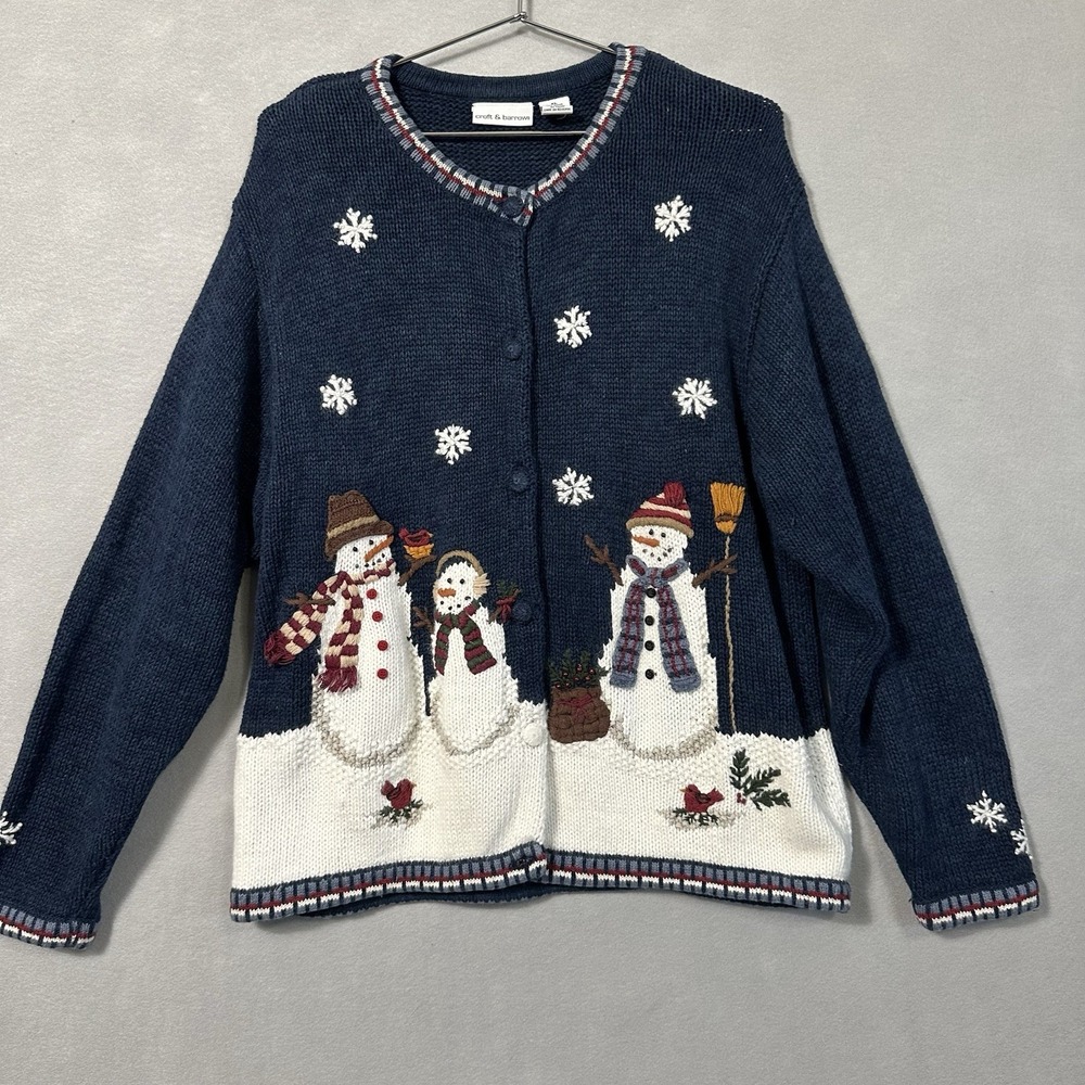 Vtg‎ Croft & Barrow Christmas Cardigan Sweater Women's XL Blue Snowman Birds